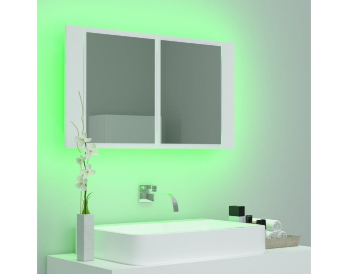 Sonata H Шкаф с LED огледало за баня, бял, 80x12x45 см, акрил