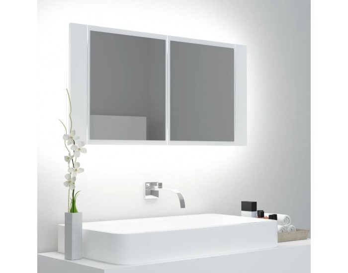 Sonata H Шкаф с LED огледало за баня, бял, 90x12x45 см, акрил