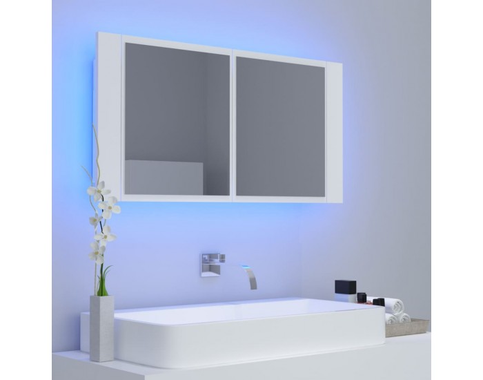 Sonata H Шкаф с LED огледало за баня, бял, 90x12x45 см, акрил