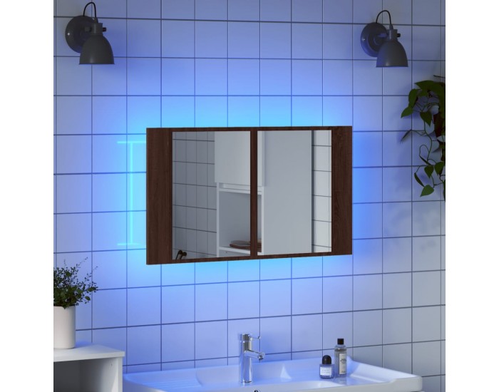 Sonata H Шкаф с LED огледало за баня, кафяв дъб, 80x12x45 см, акрил
