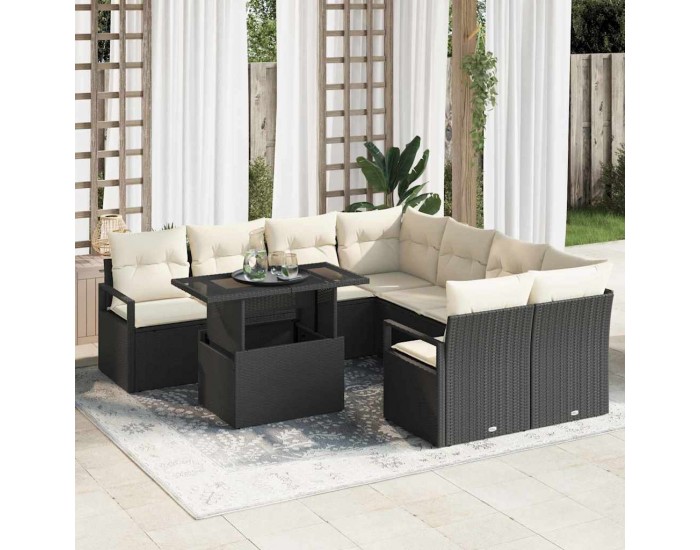 Sonata H Градински Софа Комплект 9 pcs Черно и кремаво 100 x 55 x 73 см