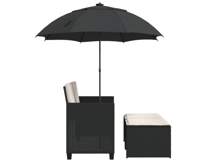 Sonata Canapea de grădină cu 2 locuri/umbrelă/taburete negru poliratan