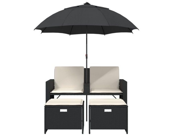 Sonata Canapea de grădină cu 2 locuri/umbrelă/taburete negru poliratan