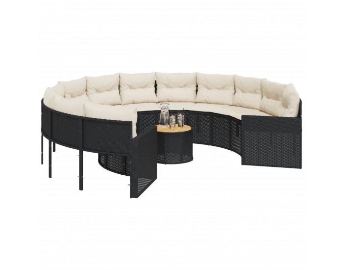 Sonata H Градински диван с маса и възглавници, кръгъл, черен полиратан