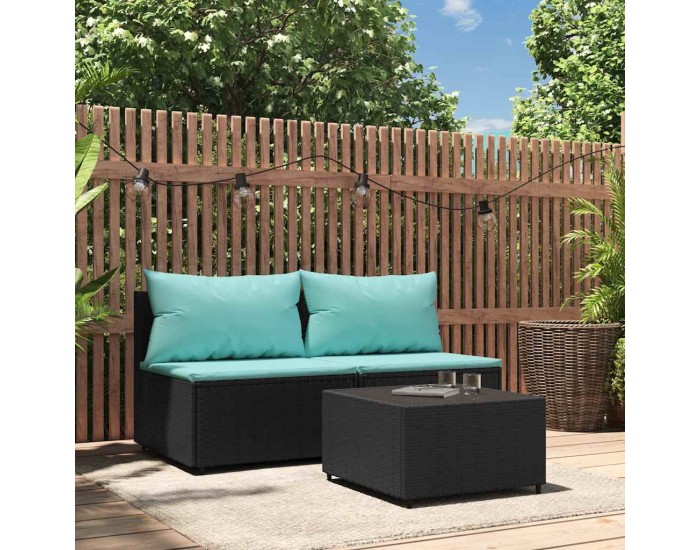 Sonata Set mobilier de grădină cu perne, 3 piese, negru, poliratan