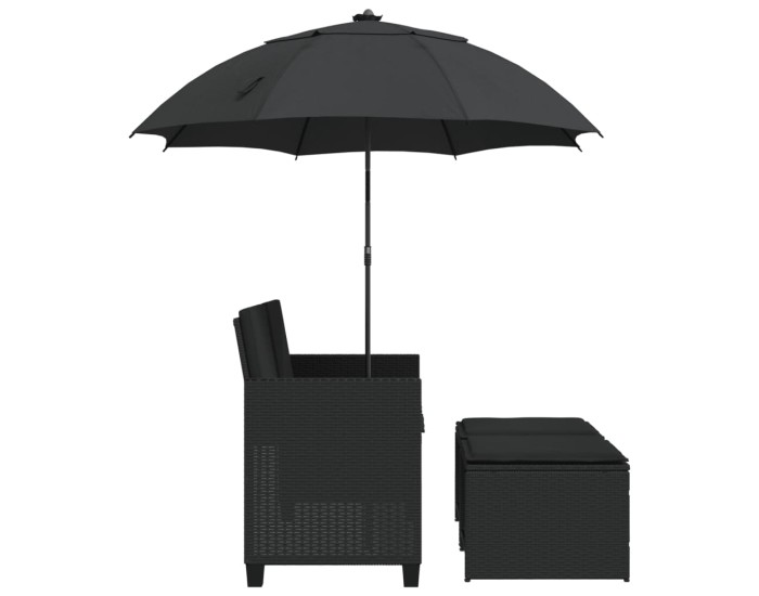 Sonata Canapea de grădină cu 2 locuri/umbrelă/taburete negru poliratan