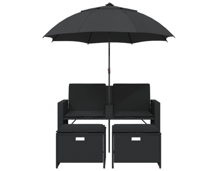 Sonata Canapea de grădină cu 2 locuri/umbrelă/taburete negru poliratan