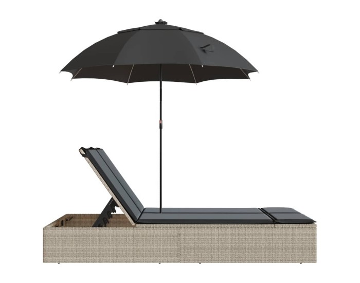 Sonata Șezlong dublu cu perne/umbrelă de soare, gri deschis, poliratan