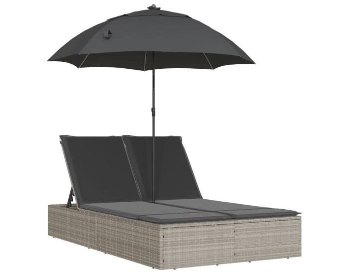 Sonata Șezlong dublu cu perne/umbrelă de soare, gri deschis, poliratan