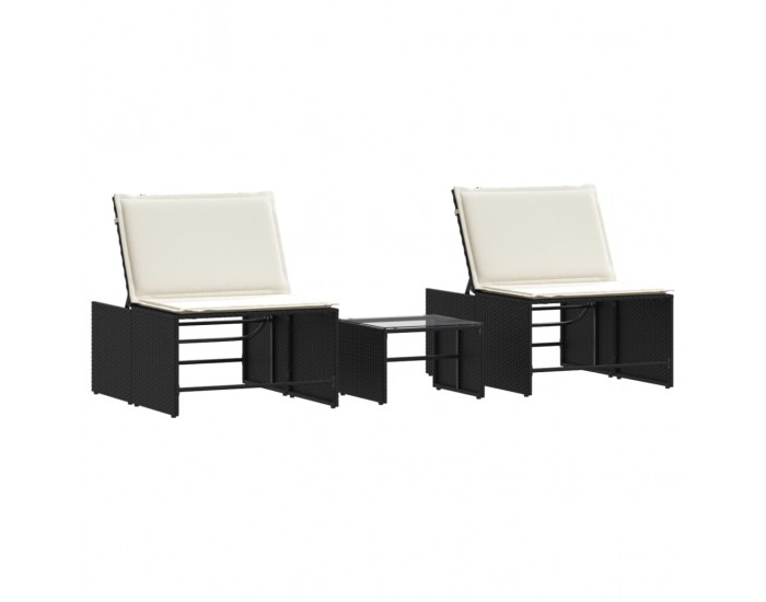 Sonata H Модулни шезлонги, 2 бр. с маса, черни, полиратан
