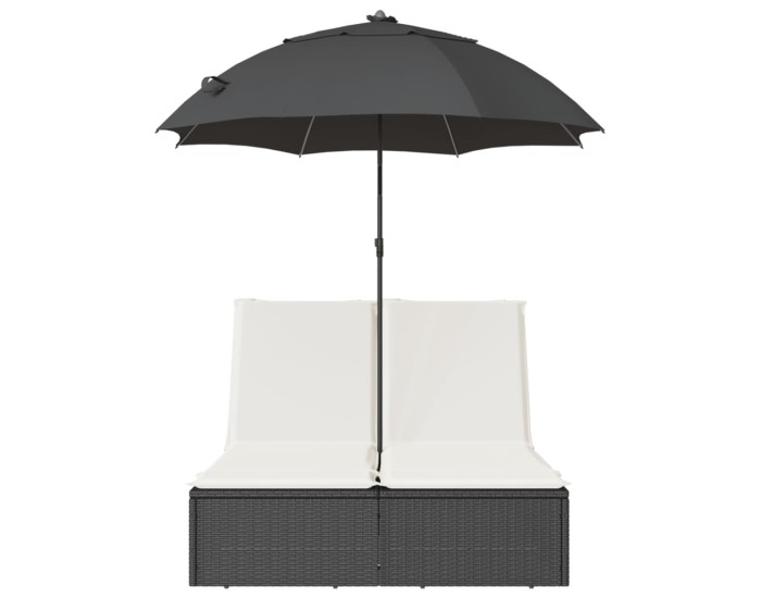 Sonata Șezlong dublu cu perne/umbrelă de soare, negru, poliratan