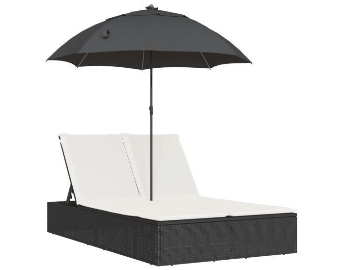Sonata Șezlong dublu cu perne/umbrelă de soare, negru, poliratan