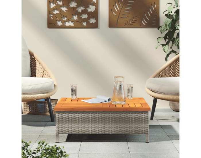 Sonata H Градинска маса, сива, 70x70x25 см, ратан и акациево дърво