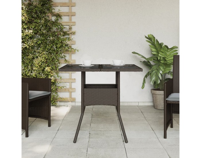 Sonata H Градинска маса със стъклен плот кафява 80x80x75 см полиратан