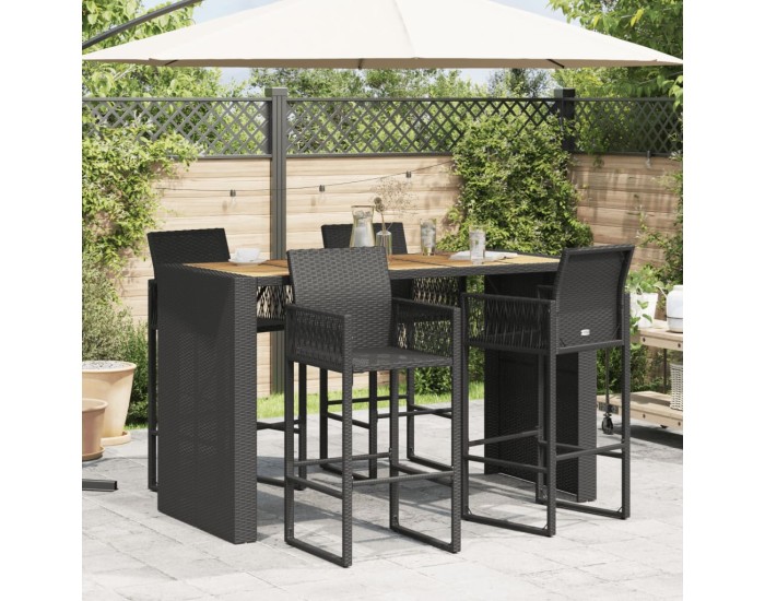 Sonata Masă bar grădină blat lemn acacia negru 185x80x110 cm poliratan