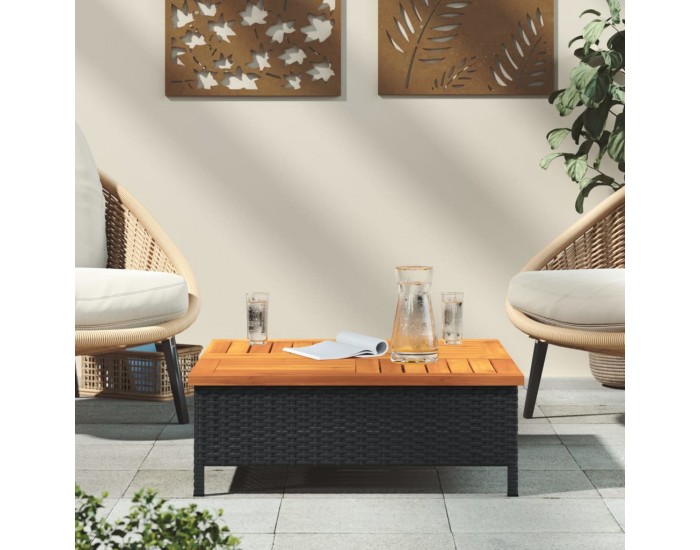 Sonata H Градинска маса, черна, 70x70x25 см, ратан и акациево дърво