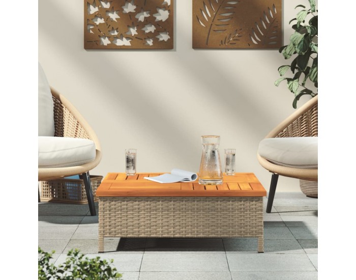 Sonata H Градинска маса, бежова, 70x70x25 см, ратан и акациево дърво
