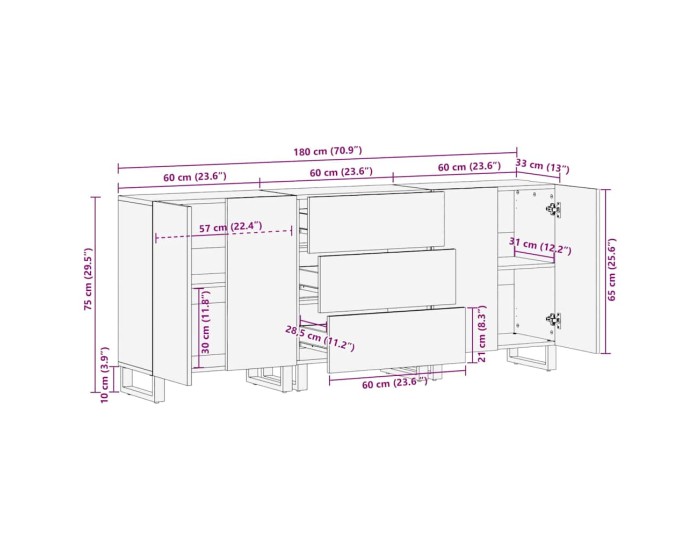 Sonata Set de bufet 3 buc. Maro 180 x 33 x 75 cm Lemn de mango solid