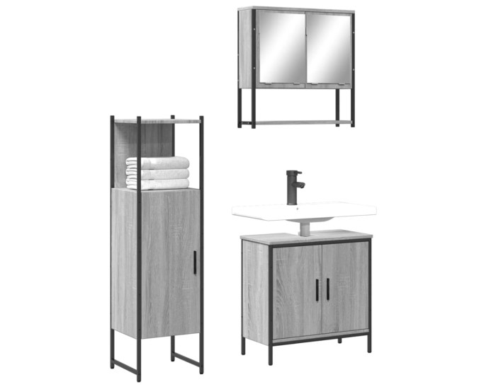 Sonata Set mobilier de baie, 3 piese, gri sonoma, lemn prelucrat