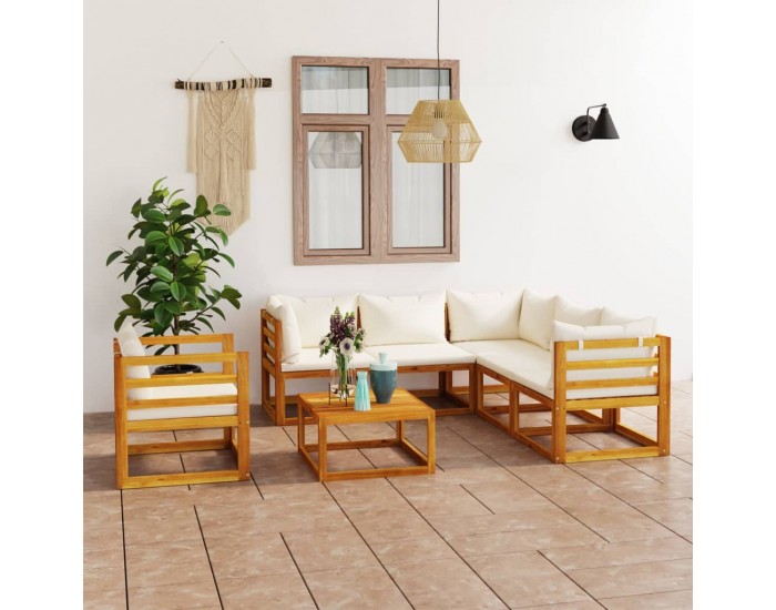 Sonata Set mobilier grădină cu perne, 7 piese, crem, lemn masiv acacia