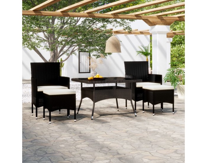 Sonata Set mobilier grădină, 5 piese, negru, poliratan/sticlă tratată
