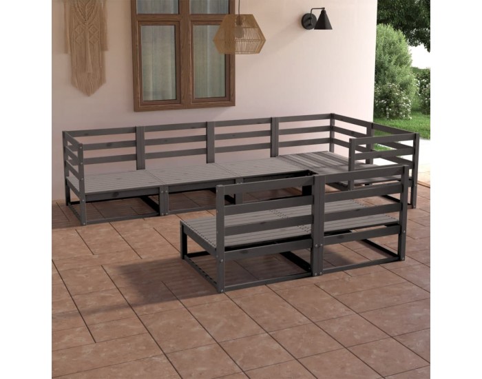 Sonata Set mobilier de grădină, 7 piese, gri, lemn masiv de pin