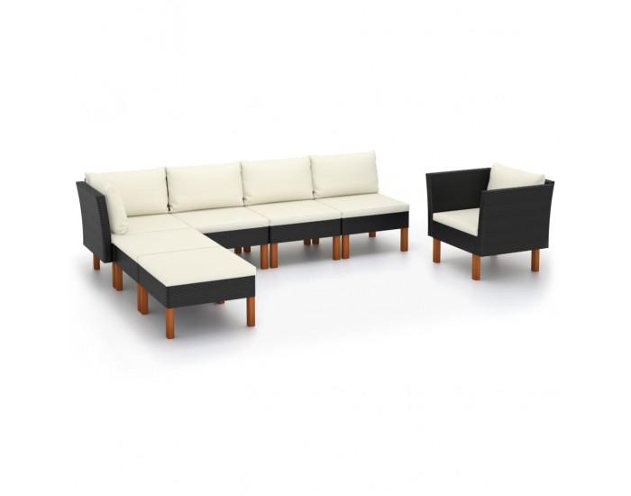 Sonata Set mobilier grădină, 7 piese, negru, poliratan/lemn eucalipt