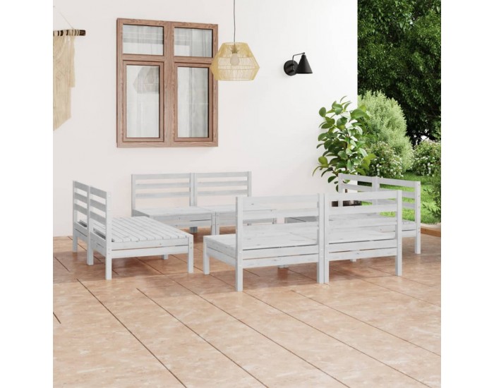 Sonata Set mobilier de grădină, 8 piese, alb, lemn masiv de pin