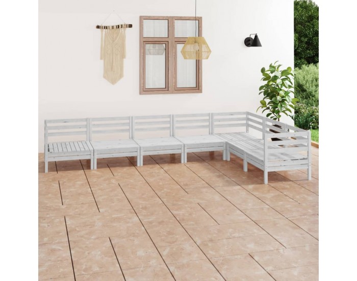 Sonata Set mobilier de grădină, 7 piese, alb, lemn masiv de pin