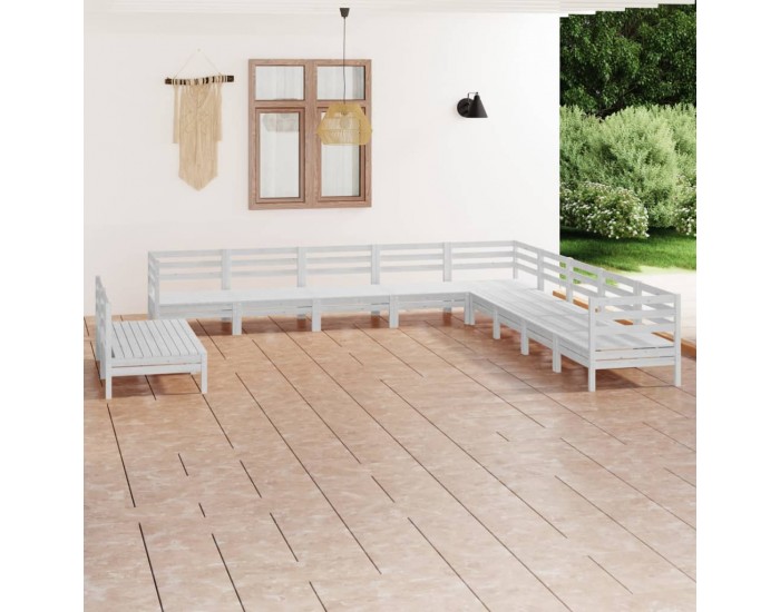 Sonata Set mobilier de grădină, 11 piese, alb, lemn masiv de pin