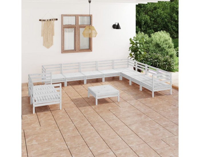 Sonata Set mobilier de grădină, 11 piese, alb, lemn masiv de pin
