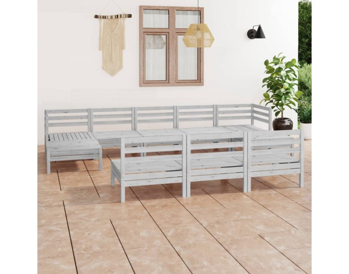 Sonata Set mobilier de grădină, 10 piese, alb, lemn masiv de pin