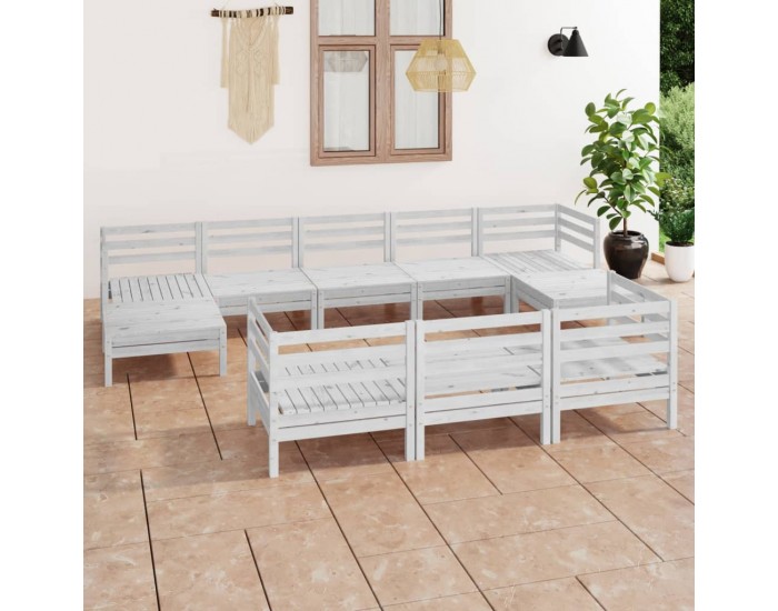 Sonata Set mobilier relaxare grădină, 10 piese, alb, lemn masiv de pin