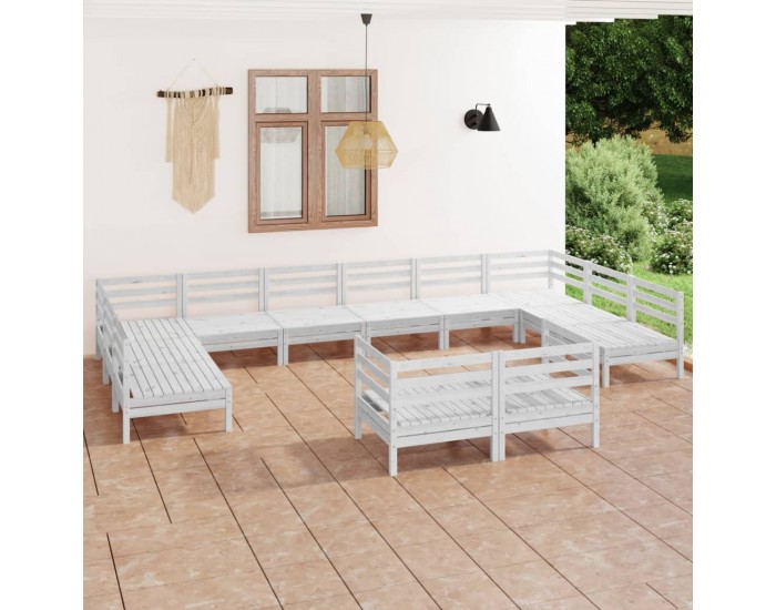 Sonata Set mobilier de grădină, 12 piese, alb, lemn masiv de pin