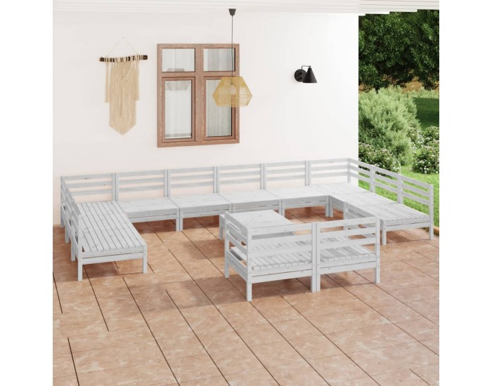 Sonata Set mobilier de grădină, 13 piese, alb, lemn masiv de pin