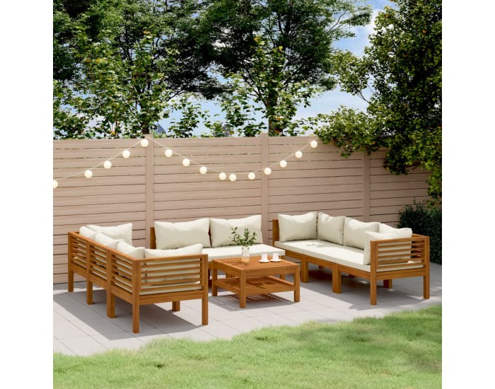 Sonata Set mobilier de grădină, perne crem, 9 piese, lemn masiv acacia