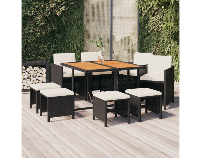 Sonata Set mobilier de grădină cu perne, 9 piese, negru, poliratan