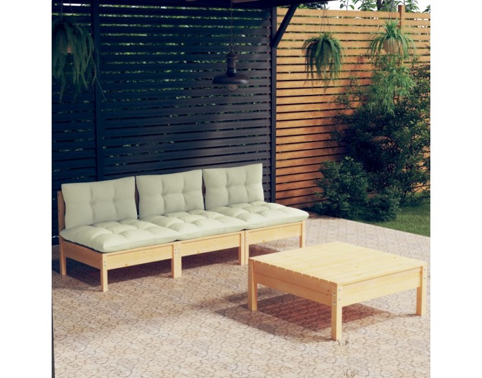 Sonata Set mobilier grădină cu perne crem, 4 piese, lemn de pin