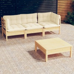 Sonata Set mobilier grădină cu perne crem, 4 piese, lemn de pin
