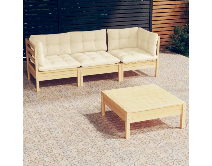 Sonata Set mobilier grădină cu perne crem, 4 piese, lemn de pin