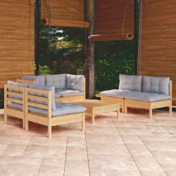 Sonata Set mobilier grădină cu perne gri, 7 piese, lemn masiv de pin