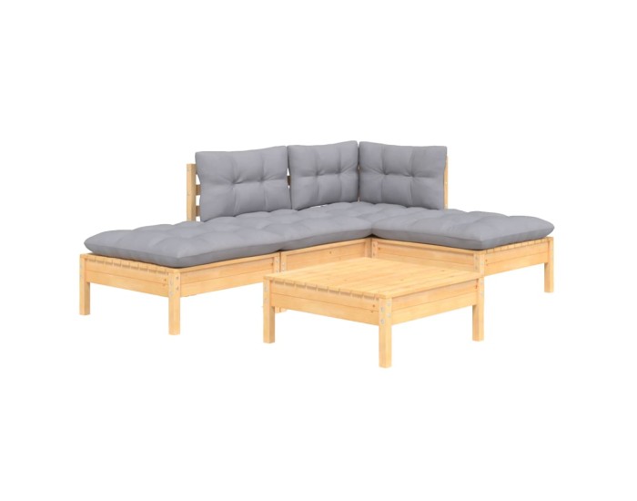 Sonata Set mobilier grădină cu perne gri, 5 piese, lemn masiv de pin