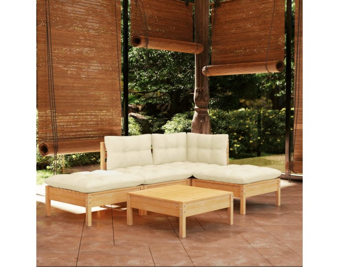 Sonata Set mobilier grădină cu perne crem, 5 piese, lemn de pin