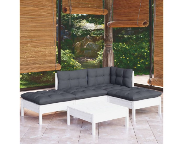 Sonata Set mobilier grădină cu perne, 5 piese, alb, lemn de pin
