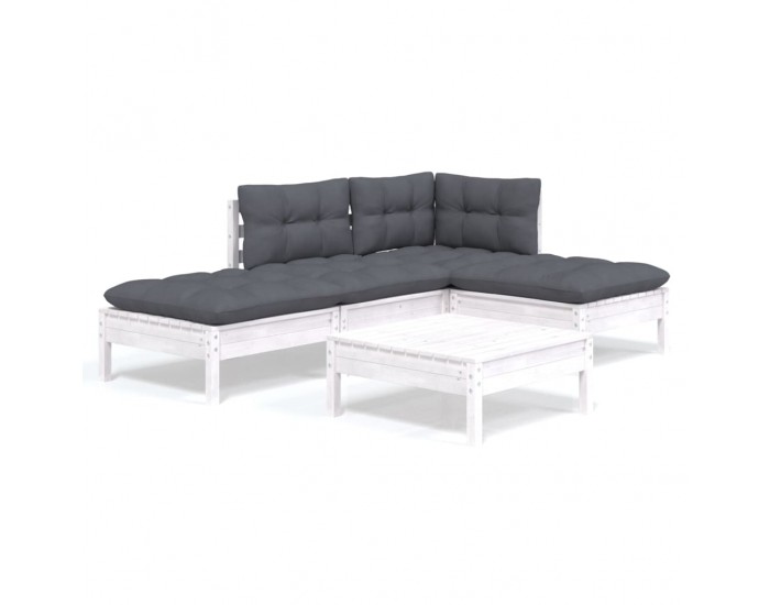Sonata Set mobilier grădină cu perne, 5 piese, alb, lemn de pin