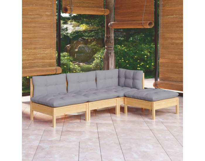 Sonata Set mobilier grădină cu perne, 4 piese, gri, lemn de pin