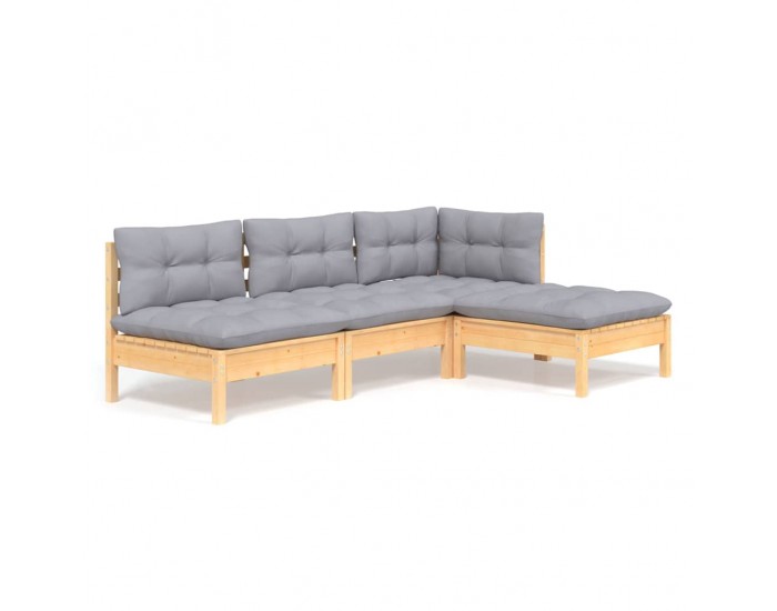Sonata Set mobilier grădină cu perne, 4 piese, gri, lemn de pin