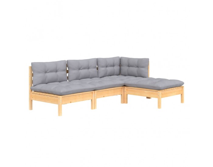 Sonata Set mobilier grădină cu perne, 4 piese, gri, lemn de pin