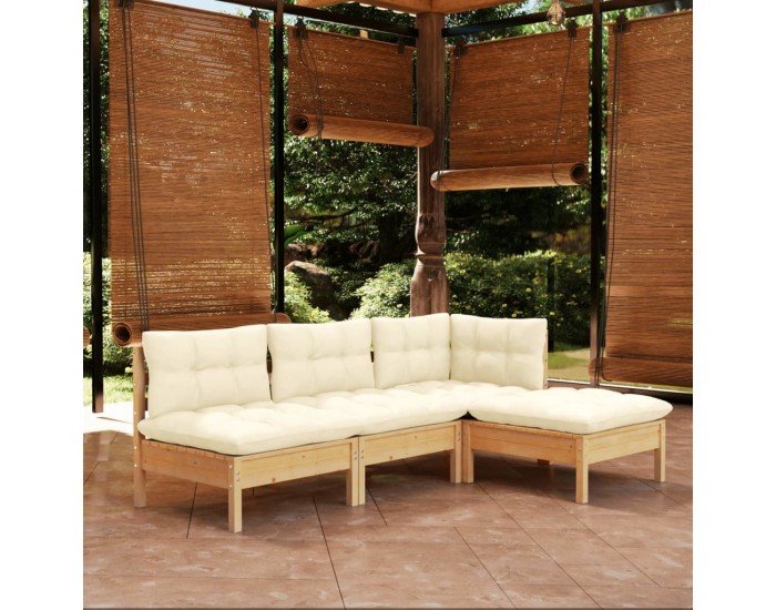 Sonata Set mobilier grădină cu perne, 4 piese, crem, lemn de pin