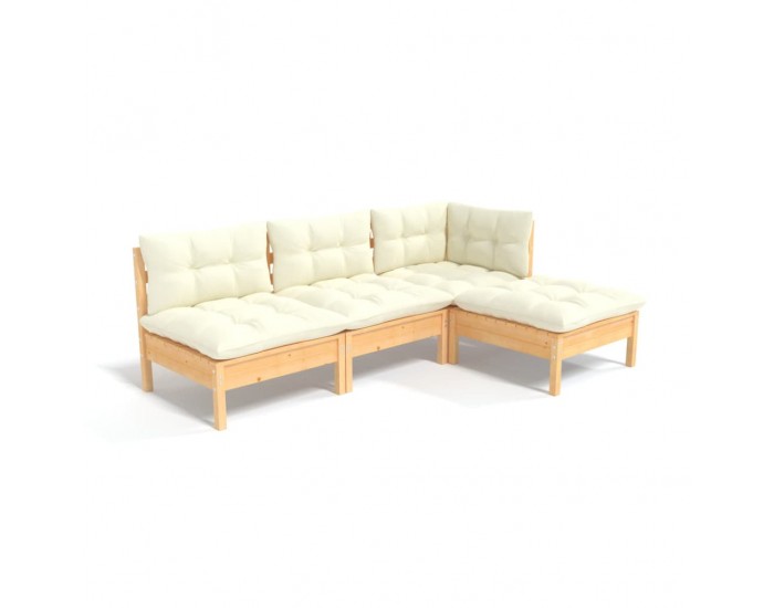 Sonata Set mobilier grădină cu perne, 4 piese, crem, lemn de pin